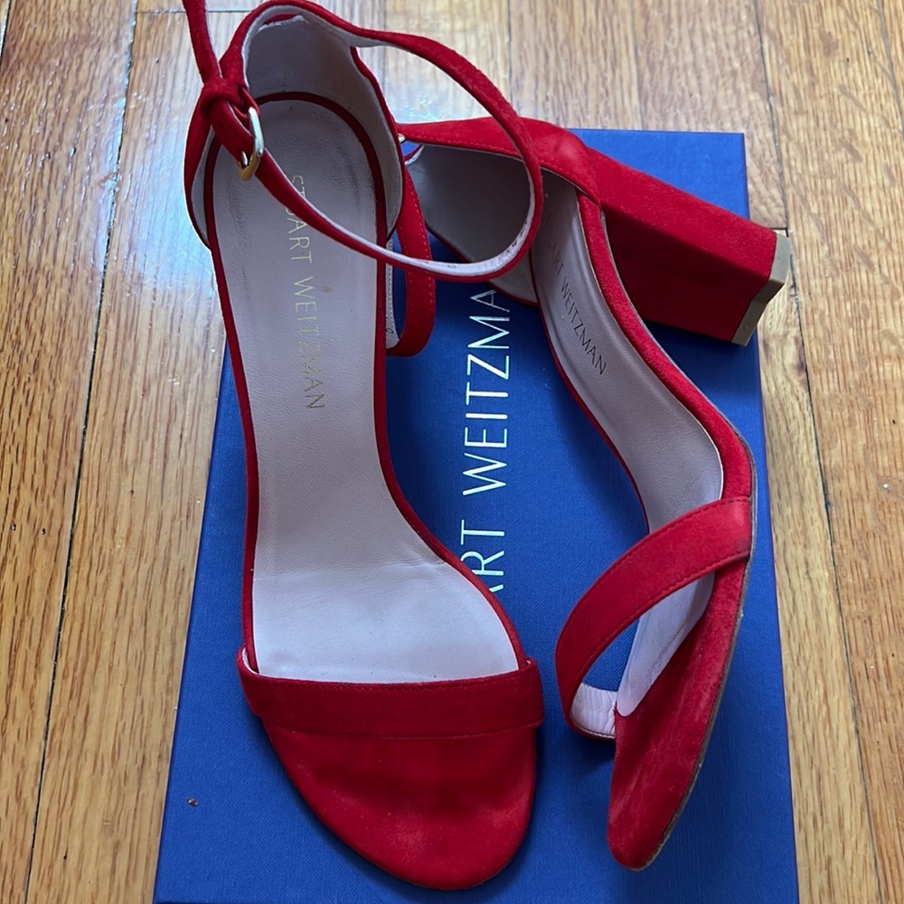 Stuart Weitzman NearlyNude Ankle Strap red suede sz 8